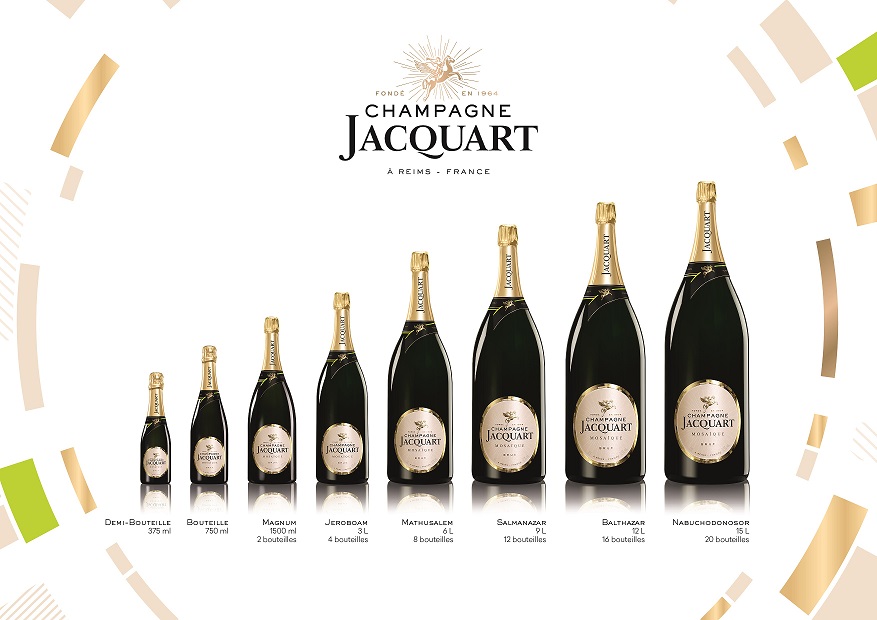 Présentation des grands flacons de Champagne Jacquart en coffret cadeaux bois : magnum, jéroboam, mathusalem, salmanazar, balthazar, nabuchodonosor