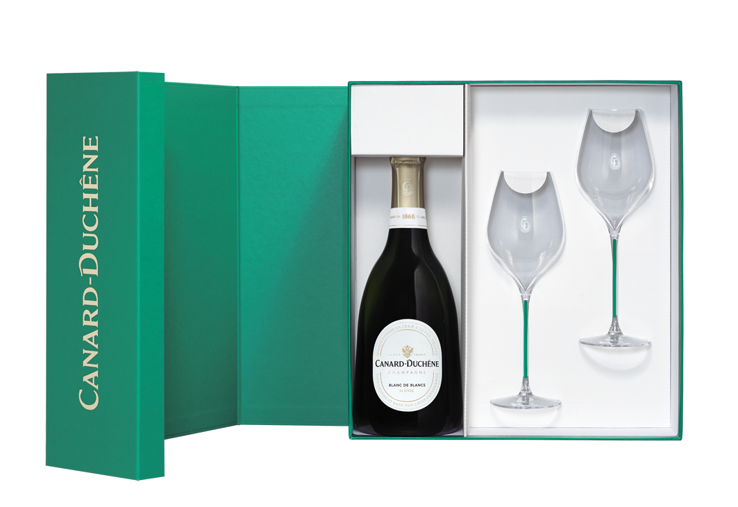 Coffret-dune-cuvee-Brut- Iconic--Blanc-de-blancs Champagne Canard-Duchêne-et-2-verres-de-degustation